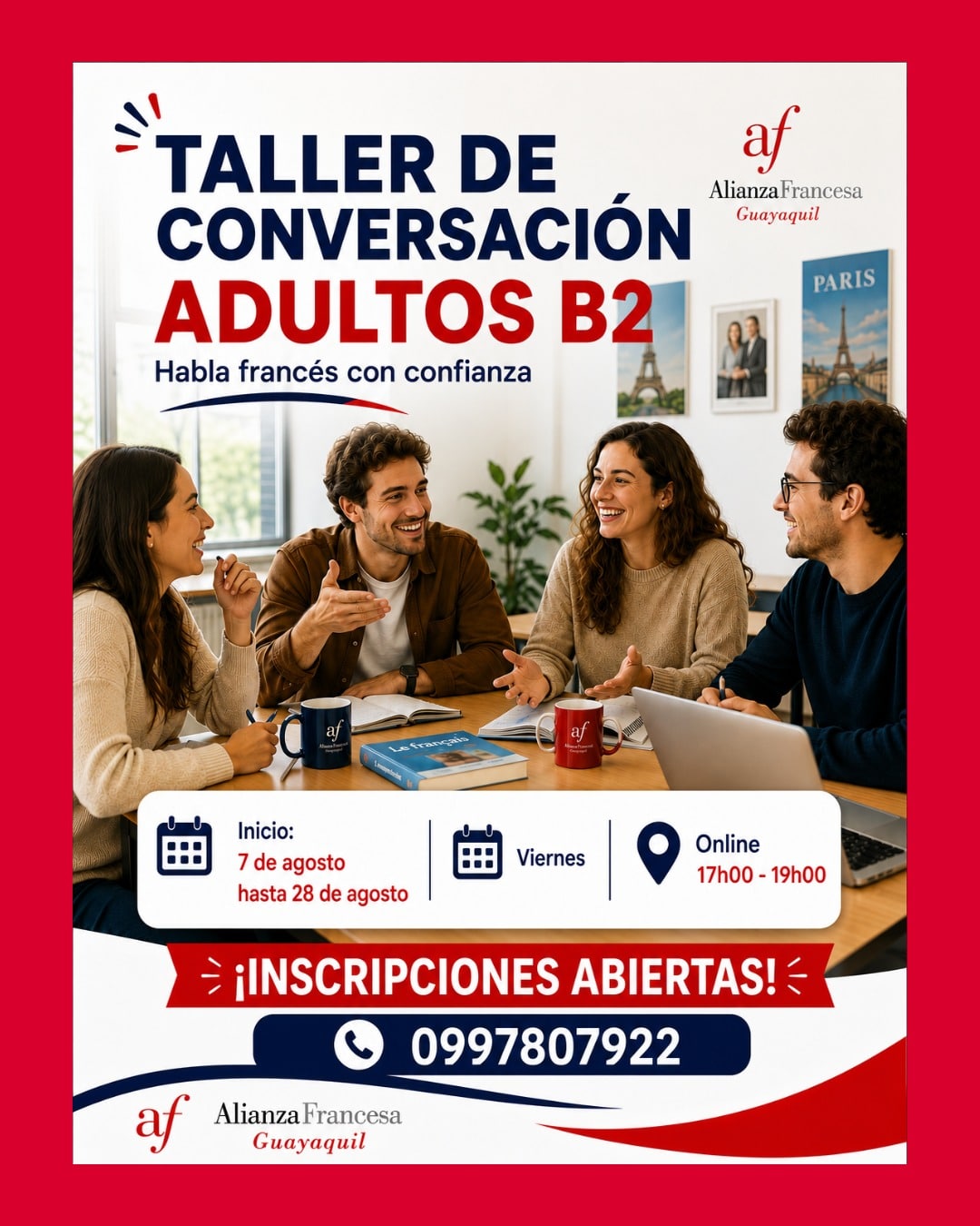 Taller de conversacion de frances B2 para adultos en Guayaquil y Samborondon en linea on line